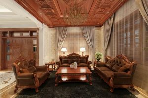 cách bố trí bàn ghế gỗ trong phòng khách