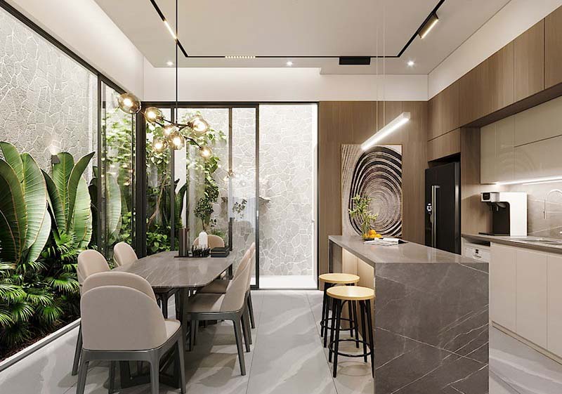 Không gian phòng bếp mở rộng rất hiện đại