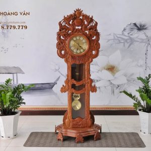 Đồng Hồ Đứng Quả Lắc Gỗ Hương Đá Chạm Tứ Linh DHHD003