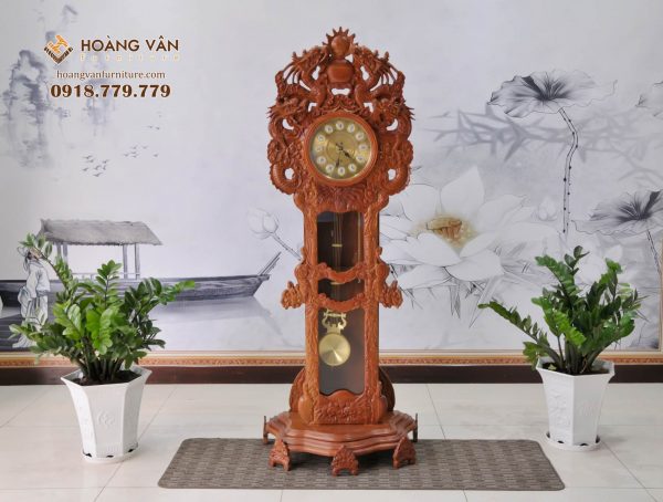 Đồng Hồ Đứng Quả Lắc Gỗ Hương Đá Chạm Tứ Linh DHHD003