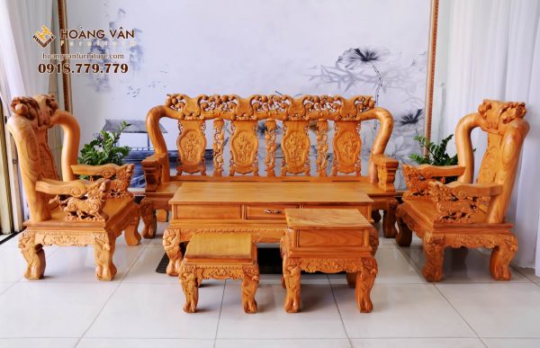 Sa Lông Phòng Khách Gỗ Gõ Họa Tiết Nghê SLGDN001/1