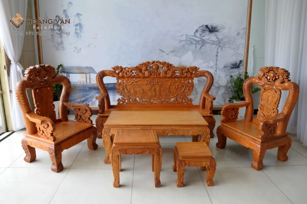 Bộ Bàn Ghế Salon Gỗ Gõ Họa Tiết Rồng Tay 12 6 Món SLGR002